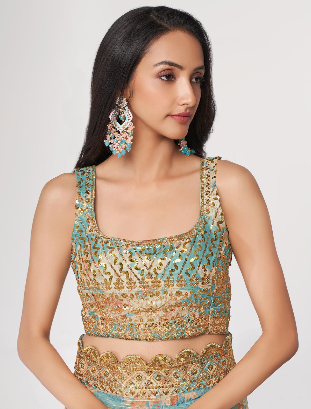 Elegant Sky Blue Organza Saree with Sequins Embroidery | befashionate