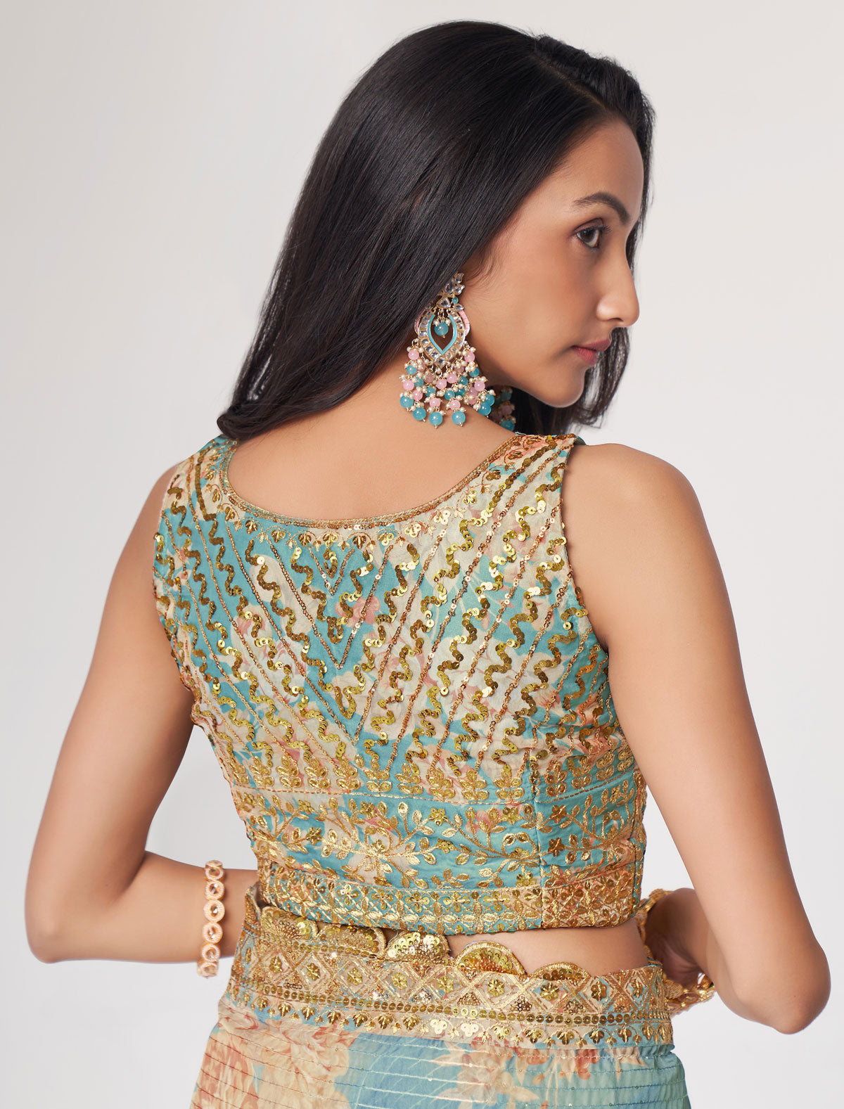 Elegant Sky Blue Organza Saree with Sequins Embroidery | befashionate