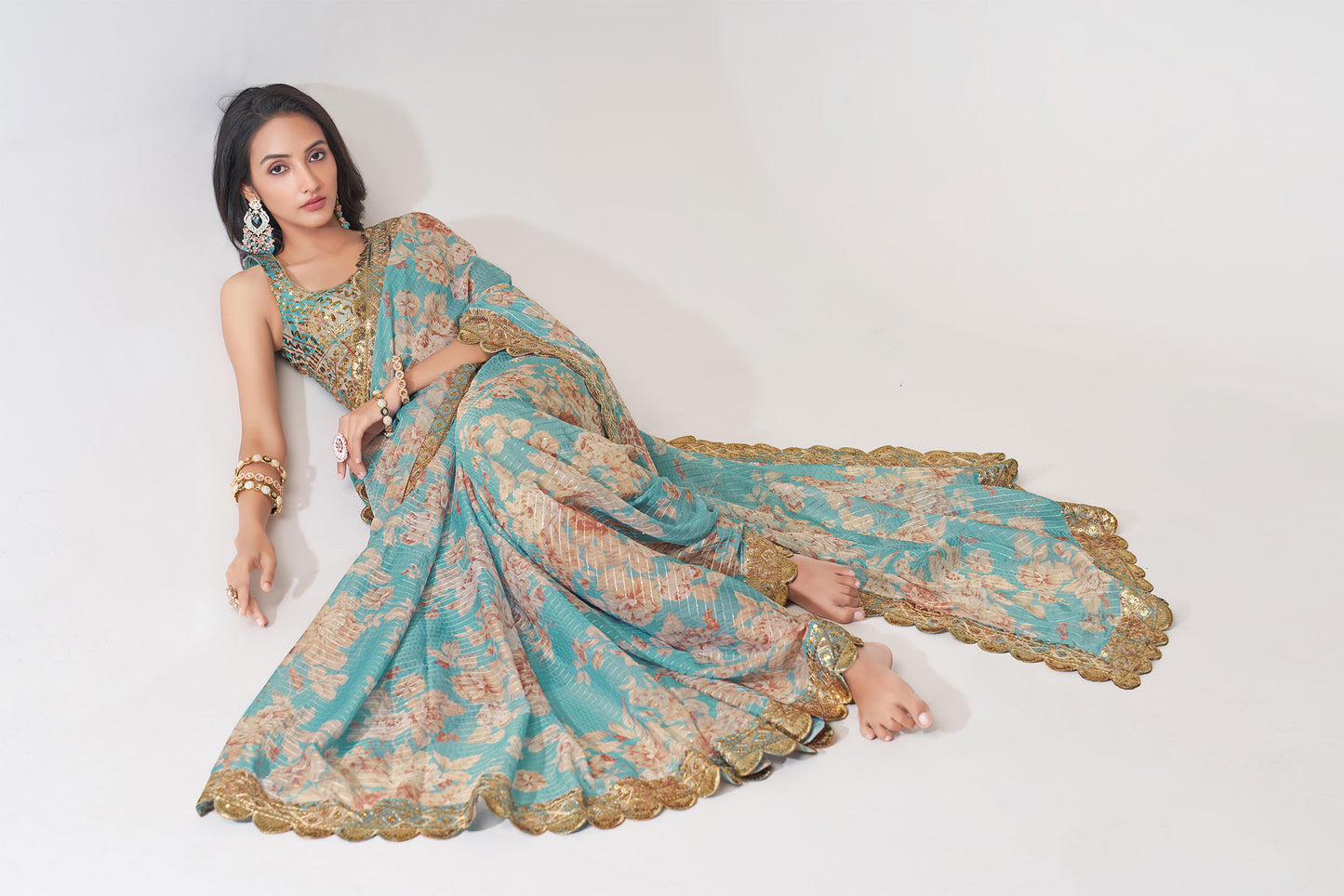 Elegant Sky Blue Organza Saree with Sequins Embroidery | befashionate