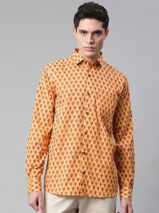 Millennial Men Mustard Yellow Comfort Printed Casual Shirt