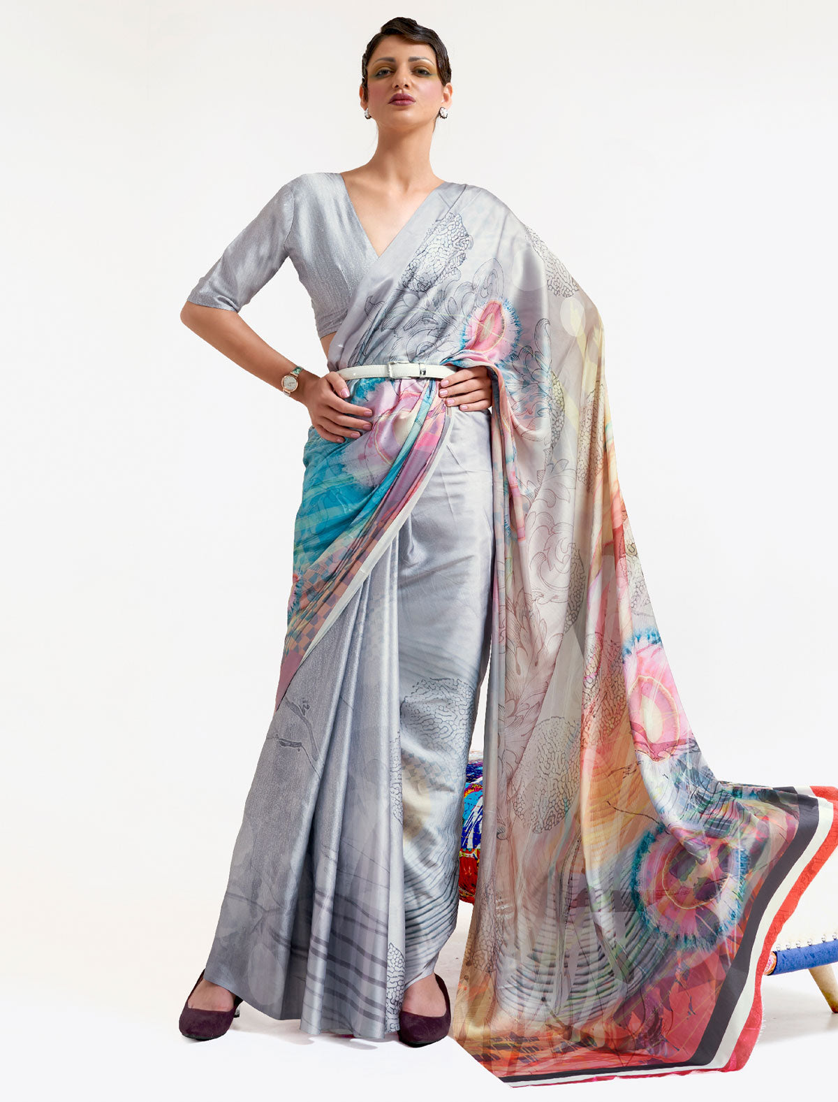 Mesmerizing Multicolored Saree in Satin Crape - BeFashionate Exclusive!