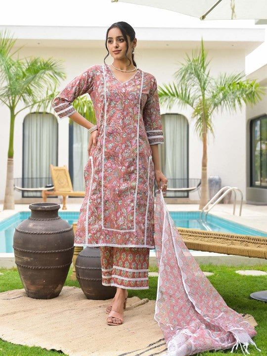 Maroon Floral Print Cotton Handblock Ethnic Kurta Set for Women