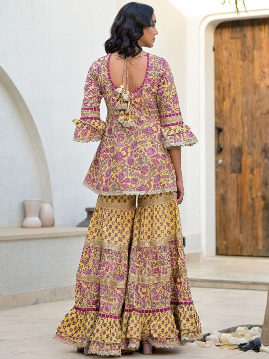 Yellow Floral Print Cotton Ethnic Kurta Sharara Set For Women
