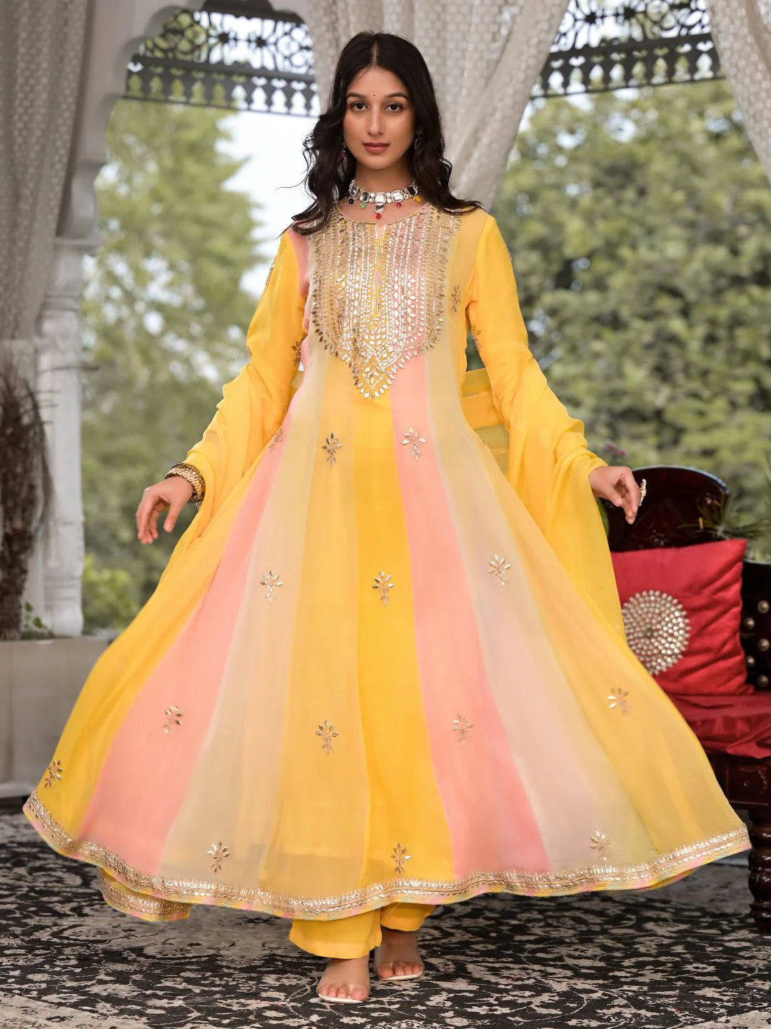 Yellow Banarsi Georgette Gota Patti Embroidered Kurta Set
