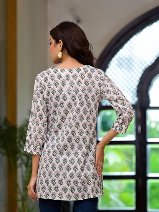 White Ethnic Floral Print Pure Cotton A-line Casual Top