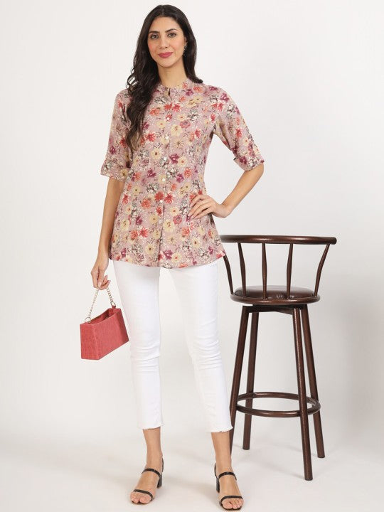 Ethinc Pink Floral Printed Viscose Rayon Casual Top