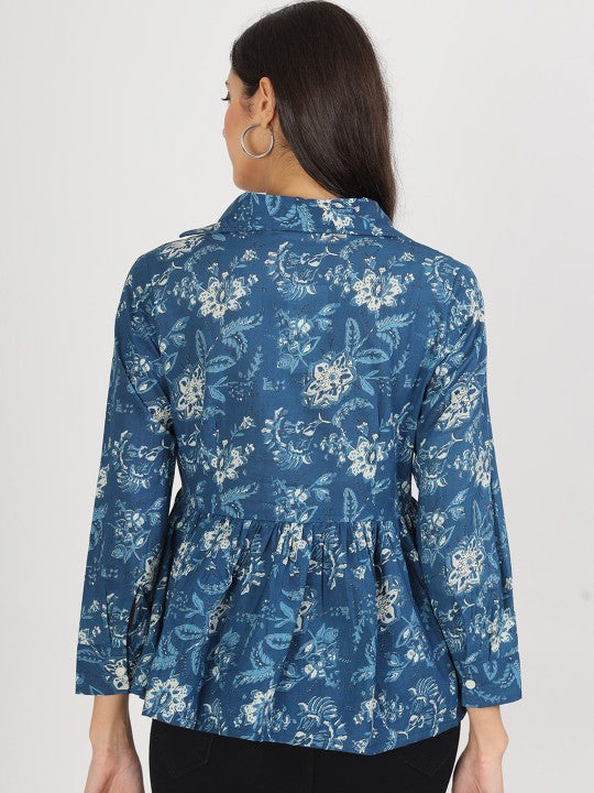 Indigo Blue Ethnic Cotton Shirt Style Casual Top