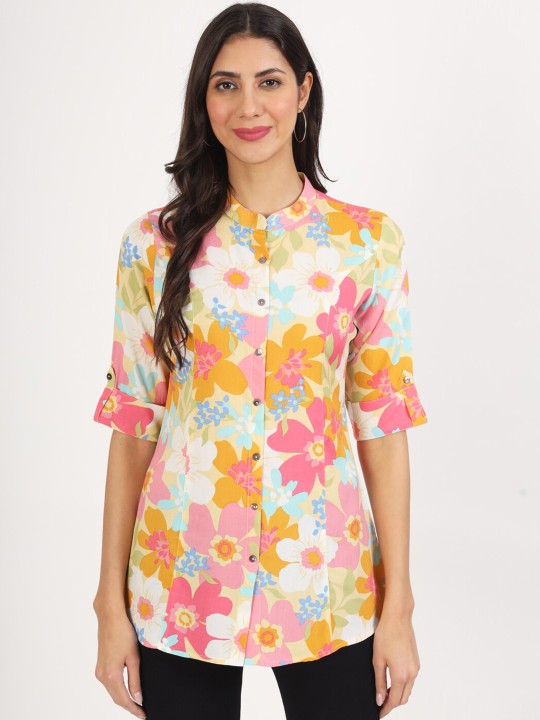 Yellow Floral Printed Fold Sleeve Viscose Rayon Casual Top