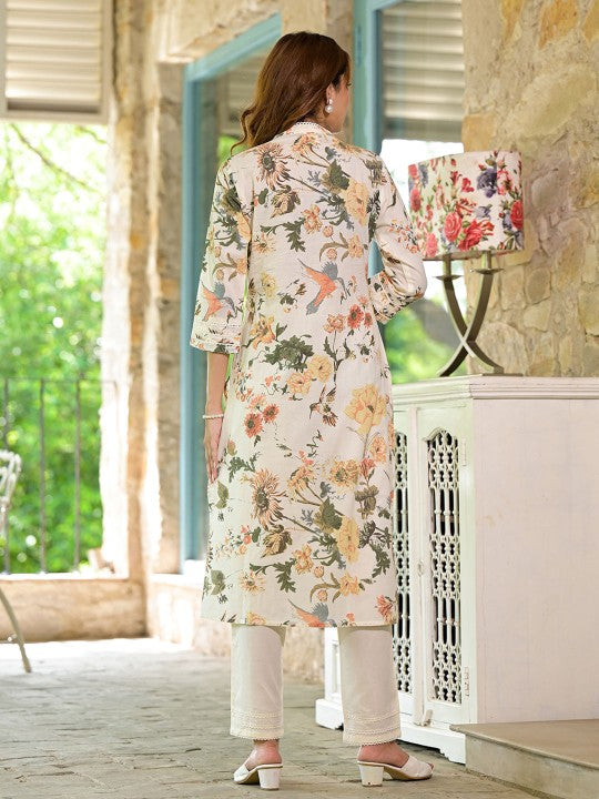 Cream Floral Printed Ethnic Straight Cotton Kurta Set For Women
