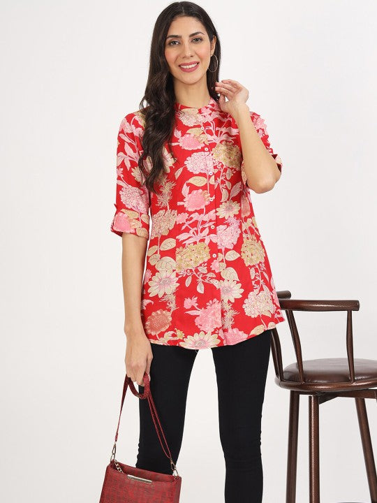Red Floral Printed Viscose Rayon Ethnic Casual Top