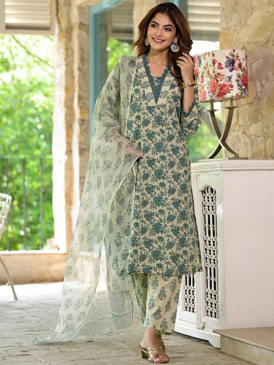 Ethnic Bottle Green Floral Print Cotton Kurta Set for Women