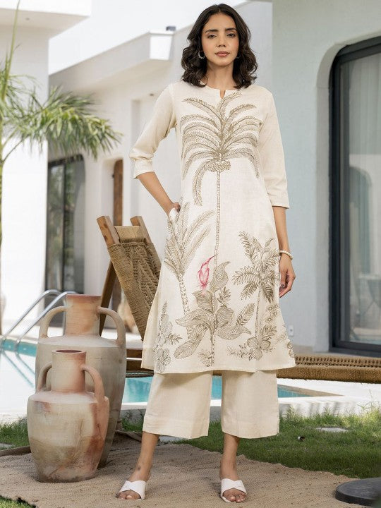 Ethnic Off-White Floral Printed Cotton A-line Fit Kurta Pant Set