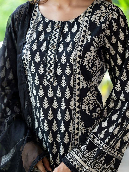 Ethnic Black Cotton Straight Fit Knee Long Kurta Set for Women