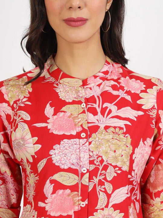 Red Floral Printed Viscose Rayon Ethnic Casual Top