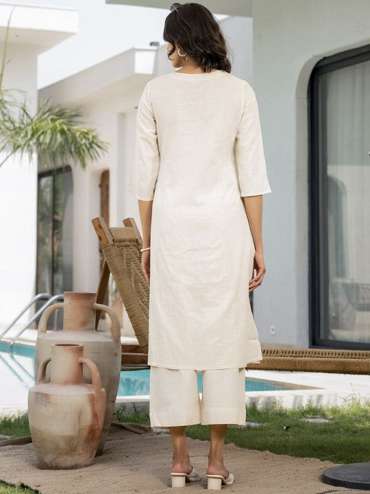 Ethnic Off-White Floral Printed Cotton A-line Fit Kurta Pant Set