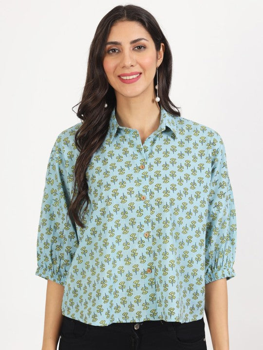 Ethnic Sky Blue Floral Printed Pure Cotton Casual Tops