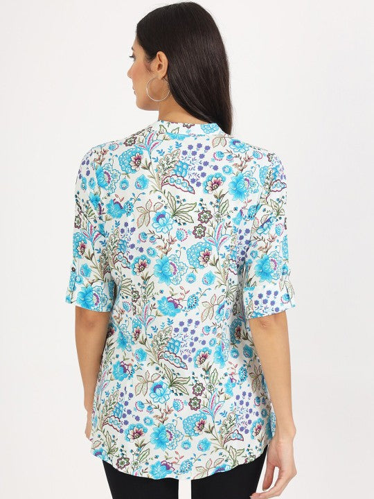 Ethnic White Floral Printed Viscose Rayon Casual Top