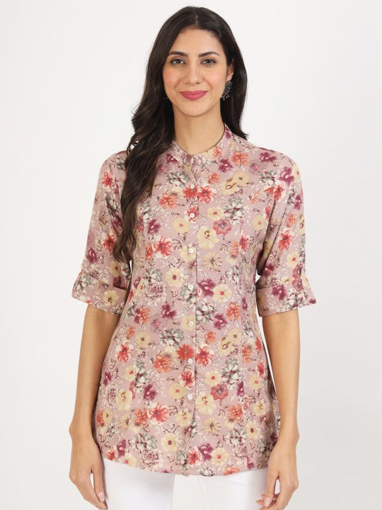 Ethinc Pink Floral Printed Viscose Rayon Casual Top