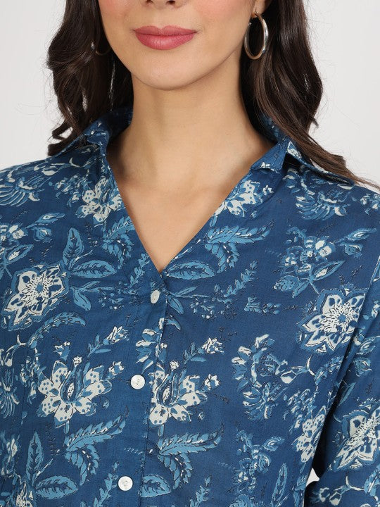 Indigo Blue Ethnic Cotton Shirt Style Casual Top
