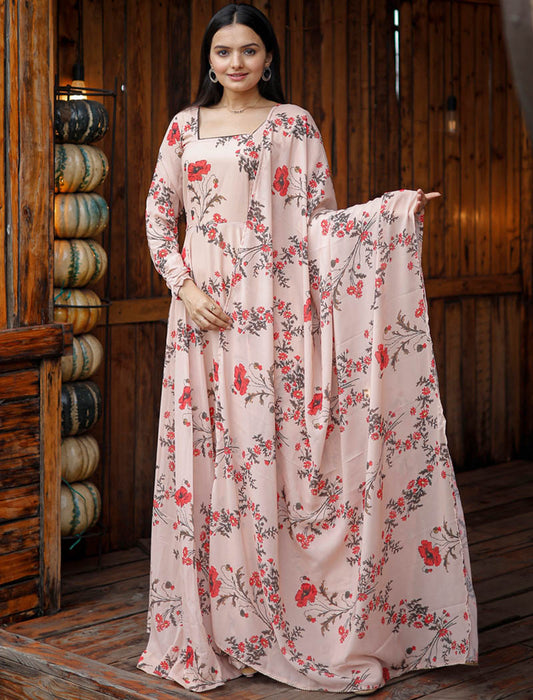 Faux Georgette With Peach Flower Digital Print Work Gown And Dupatta Full Gown Suit