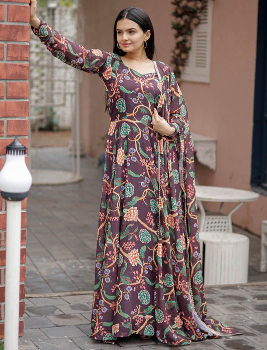 Faux Georgette With Grey Flower Digital Print Work Gown And Dupatta Full Gown Suit