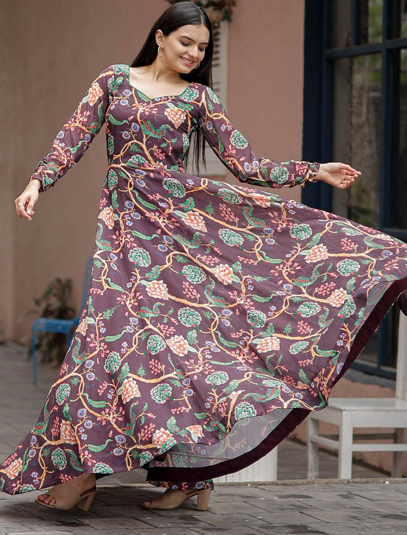 Faux Georgette With Grey Flower Digital Print Work Gown And Dupatta Full Gown Suit
