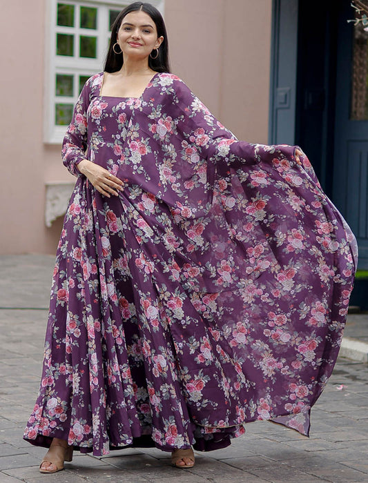 Faux Georgette With Purple Flower Digital Print Work Gown And Dupatta Full Gown Suit