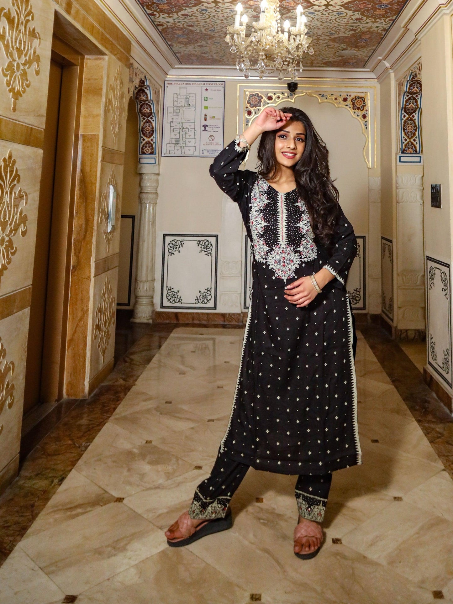 Black Printed Kurta with Pants For Women