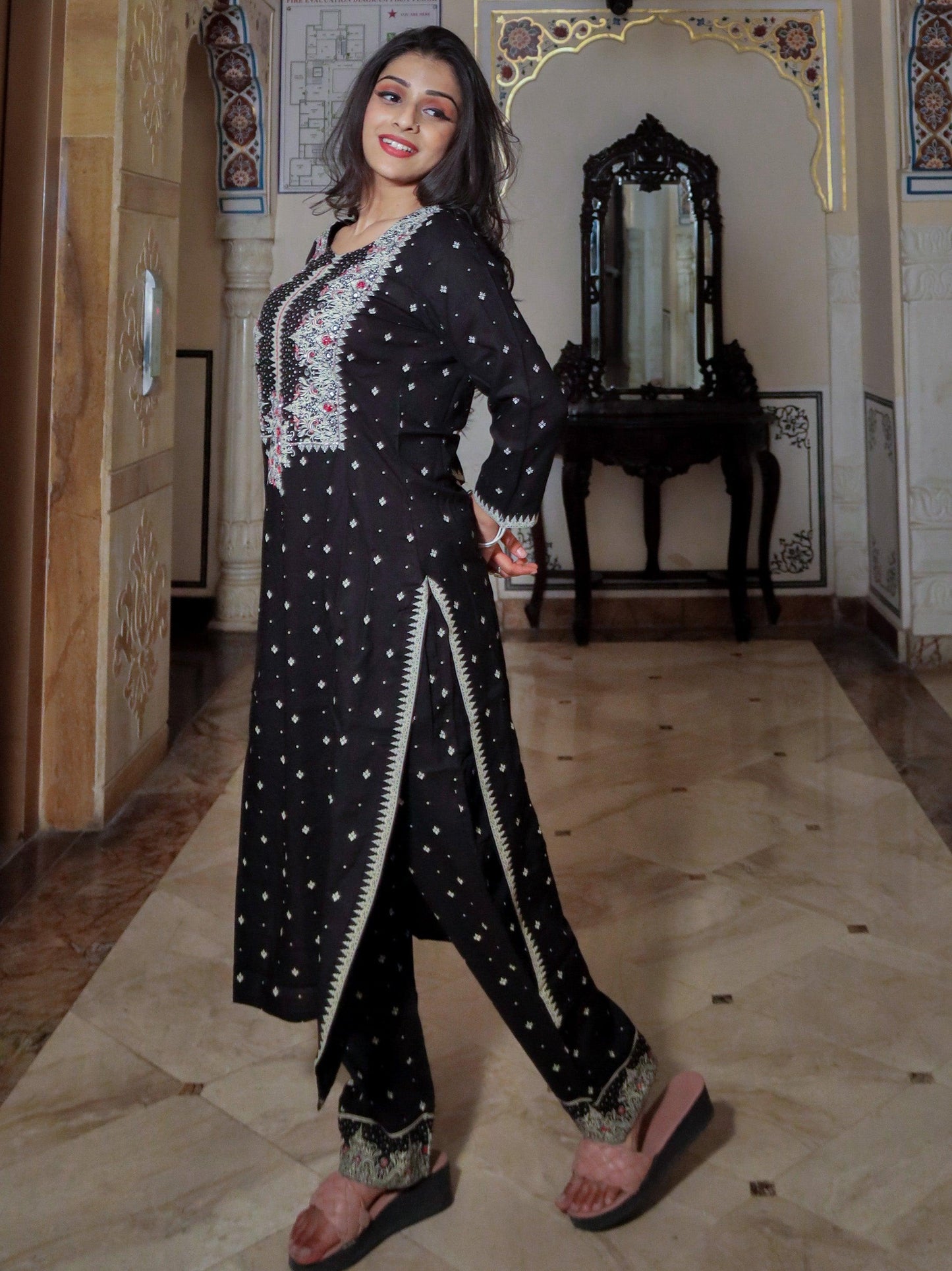 Black Printed Kurta with Pants For Women