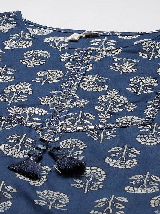 Blue Floral A-Line Cotton Kurta Pant Sets