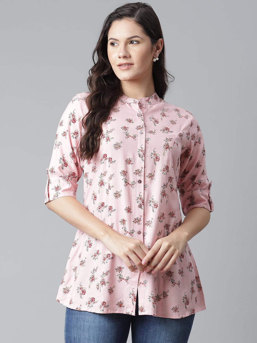 Divena Pink Rayon Printed Shirt Style A-line Top