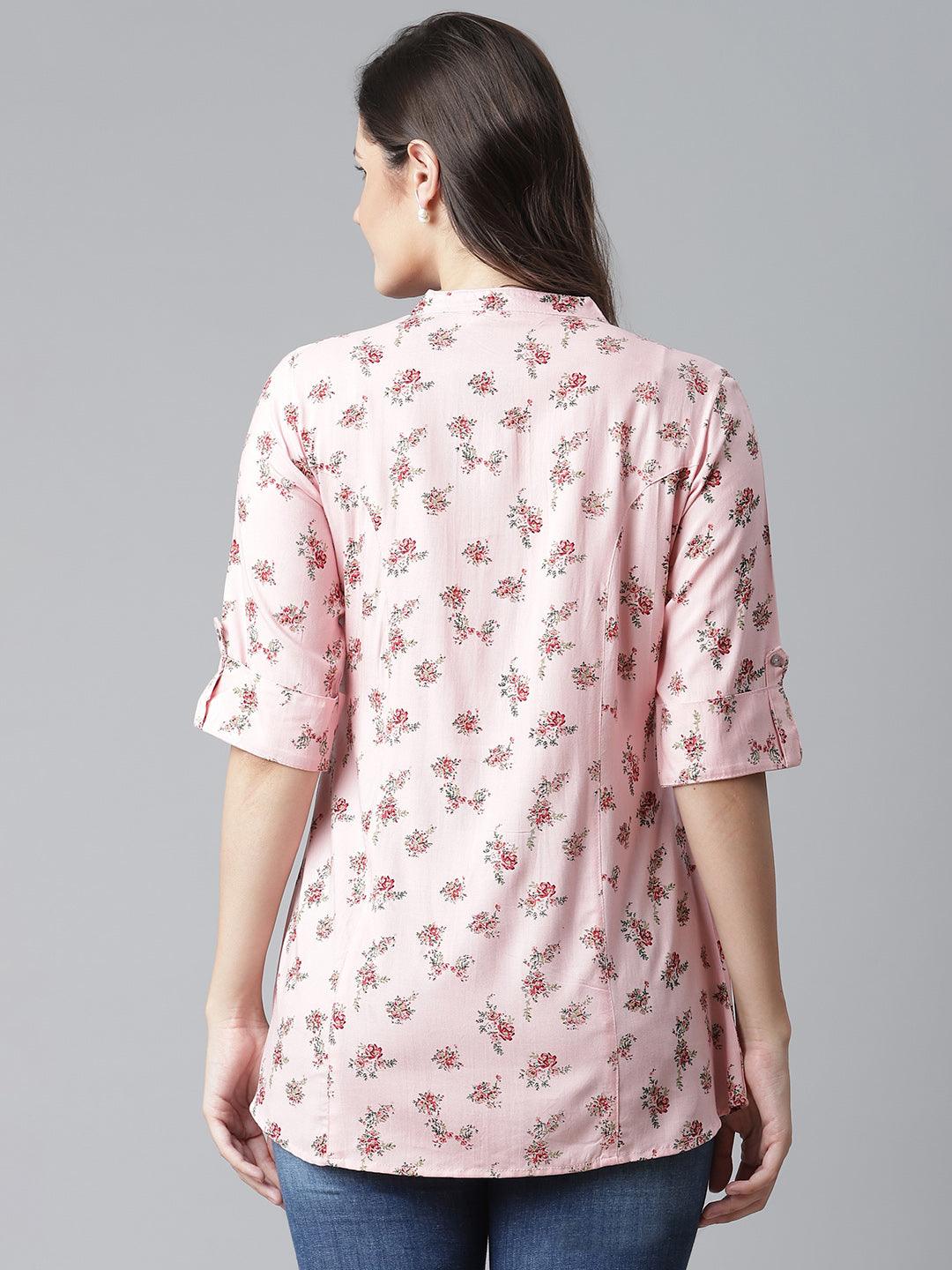 Divena Pink Rayon Printed Shirt Style A-line Top