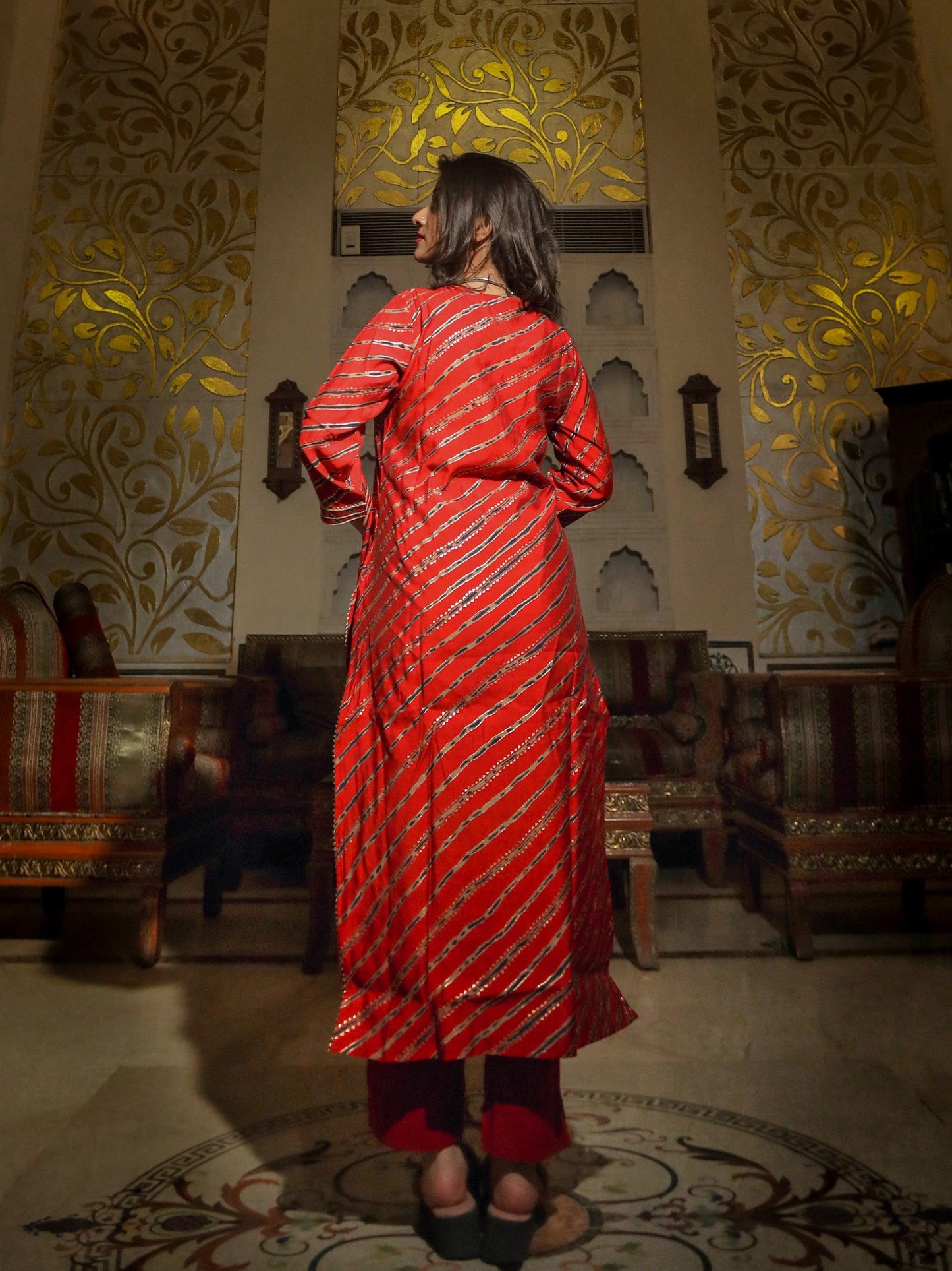 Red Lahariya kurta with Cotton Flex Pant set For Women