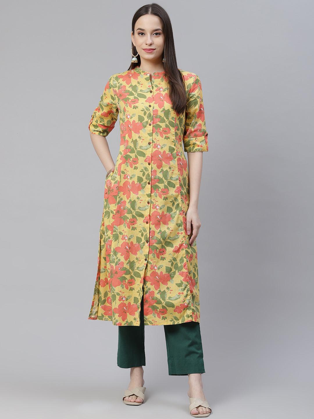 Divena Floral Print Yellow Cotton Flex Kurta
