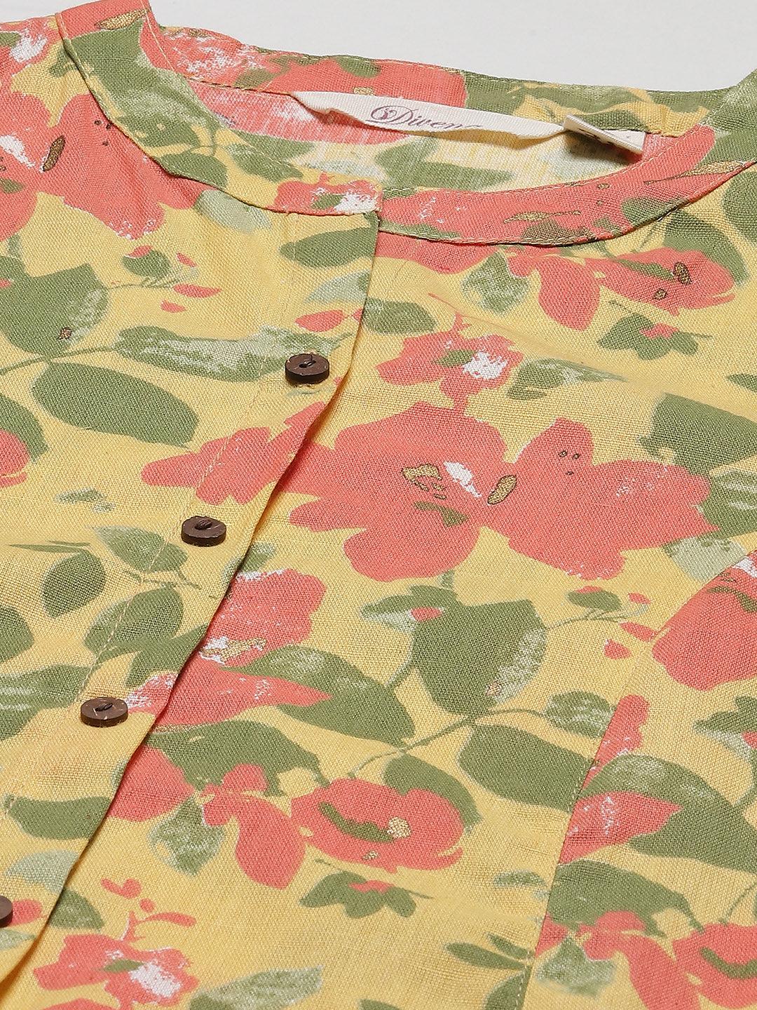 Divena Floral Print Yellow Cotton Flex Kurta