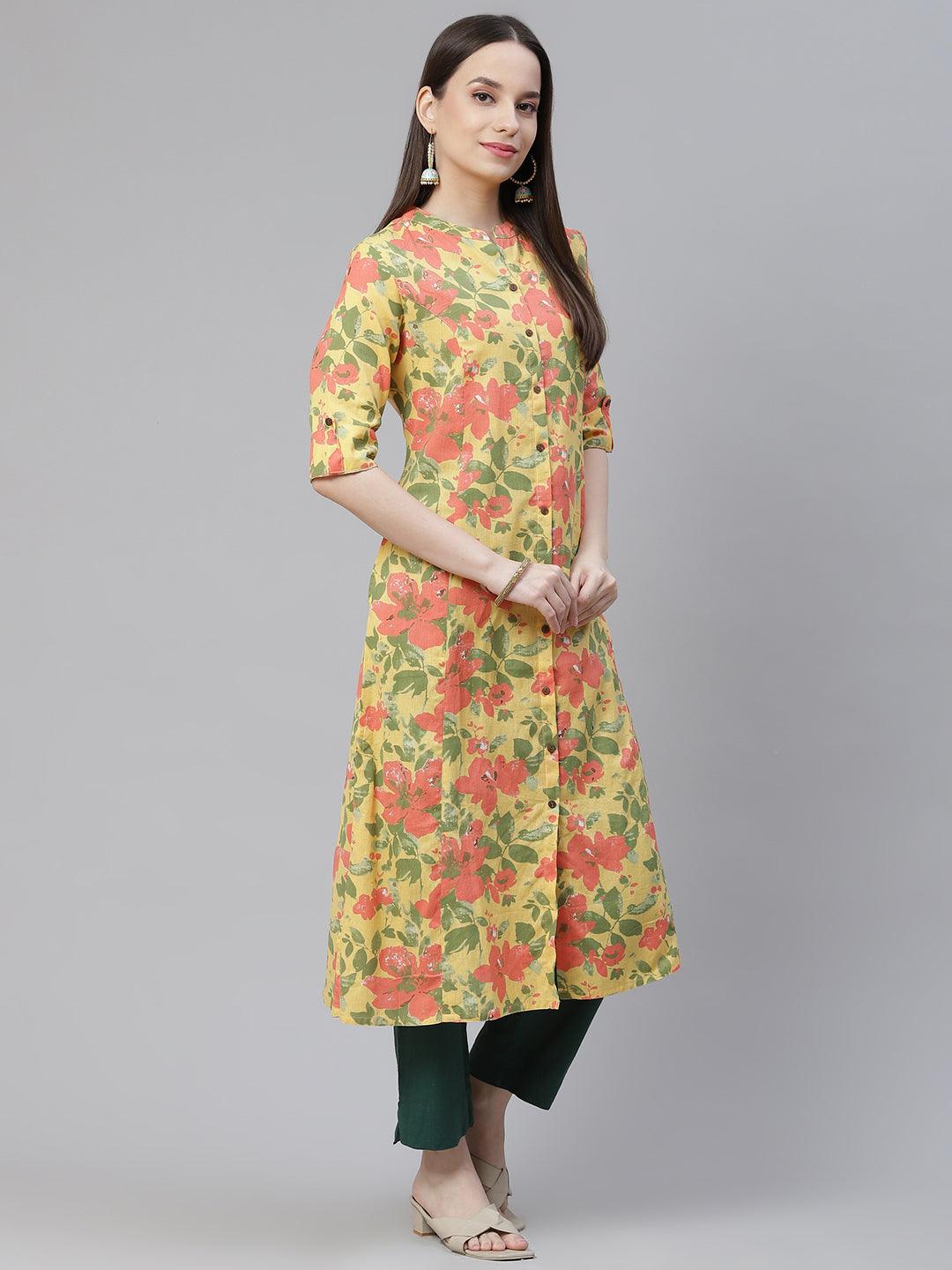 Divena Floral Print Yellow Cotton Flex Kurta