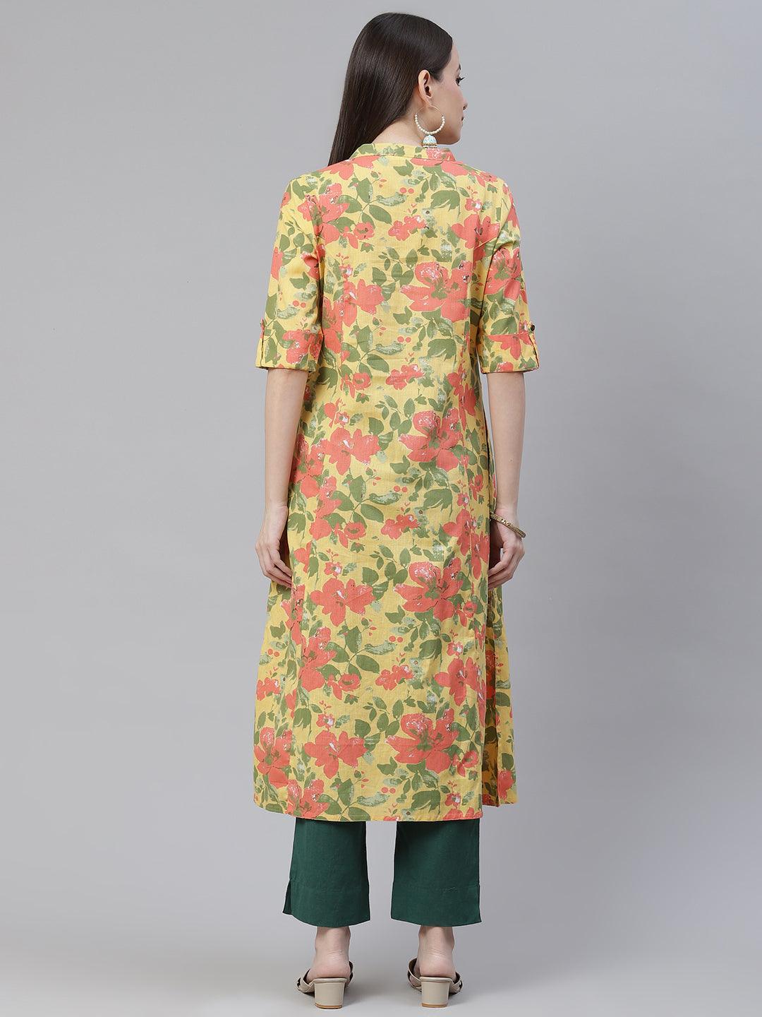 Divena Floral Print Yellow Cotton Flex Kurta