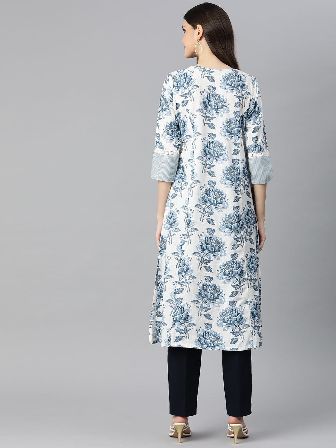 Divena White & Blue Floral Cotton Flex A- Line Kurta