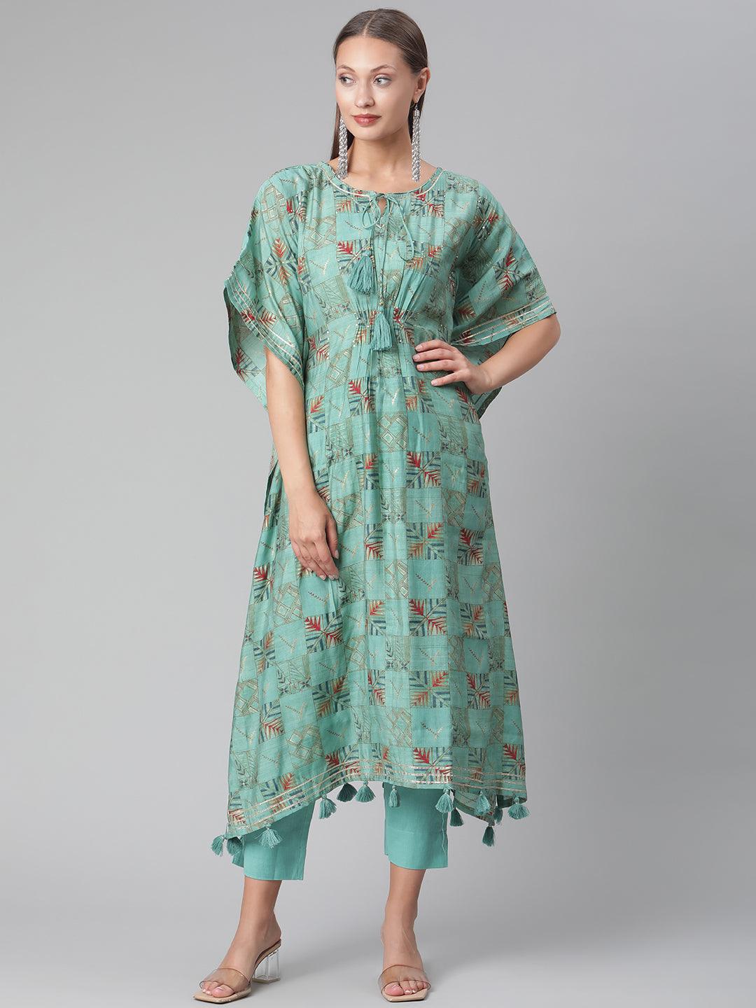 Divena Turquoise green Rayon kaftan Pant set