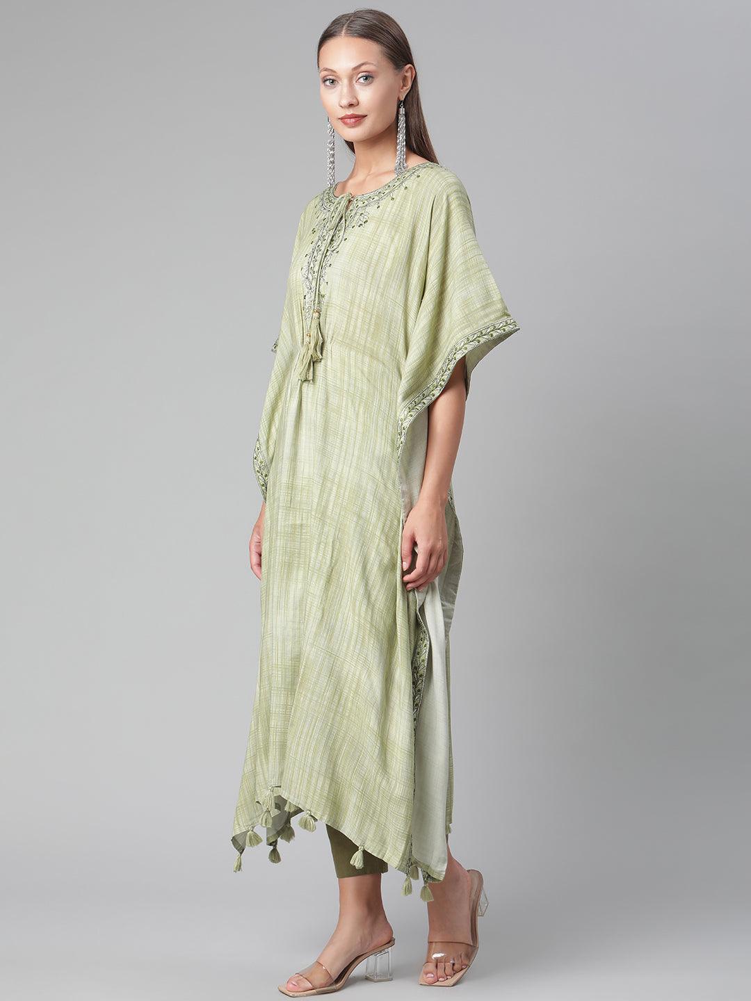 Green Rayon Kaftan Pant Set For Women