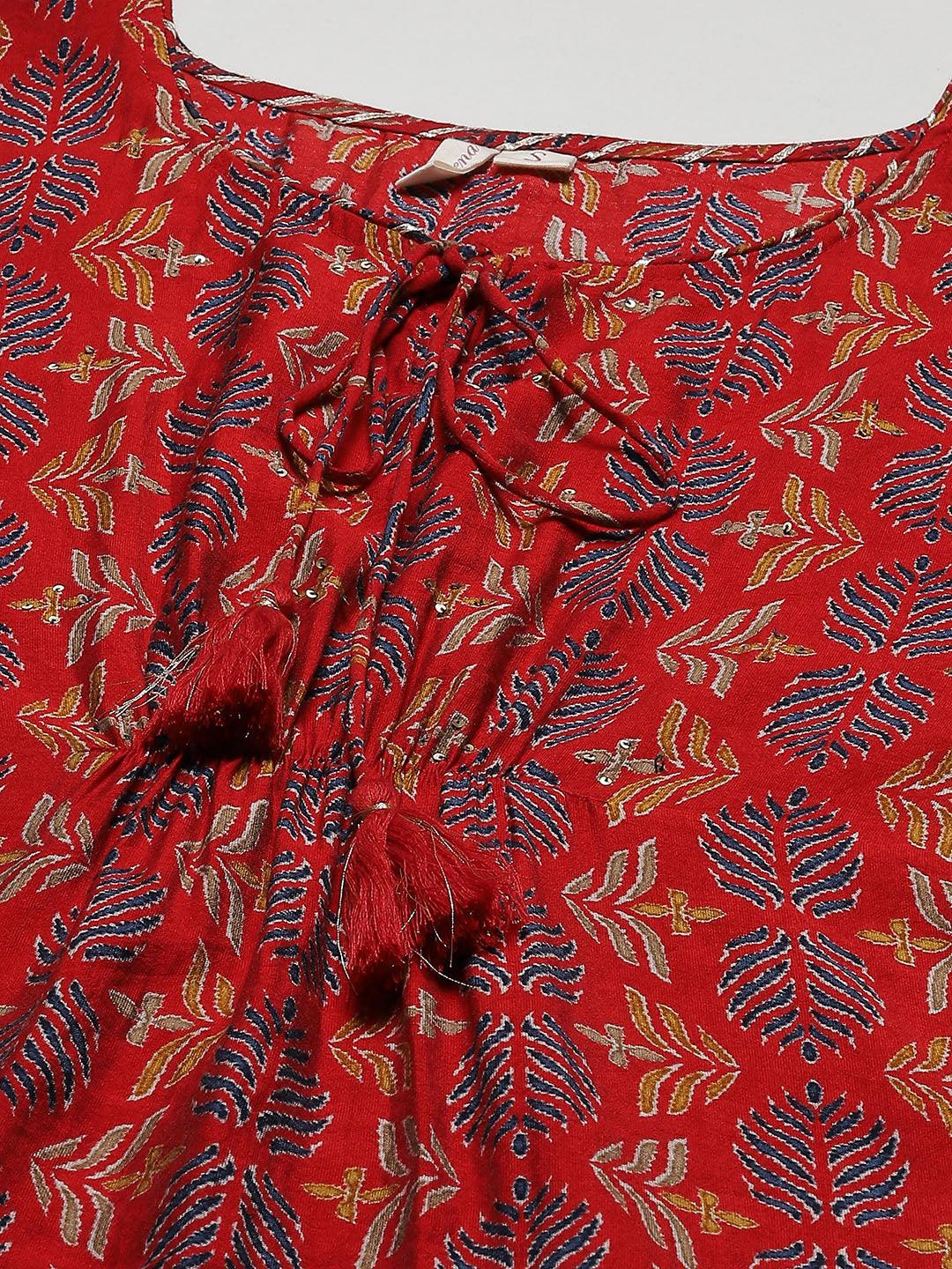 Divena Red Rayon Floral Kaftan Pant Set