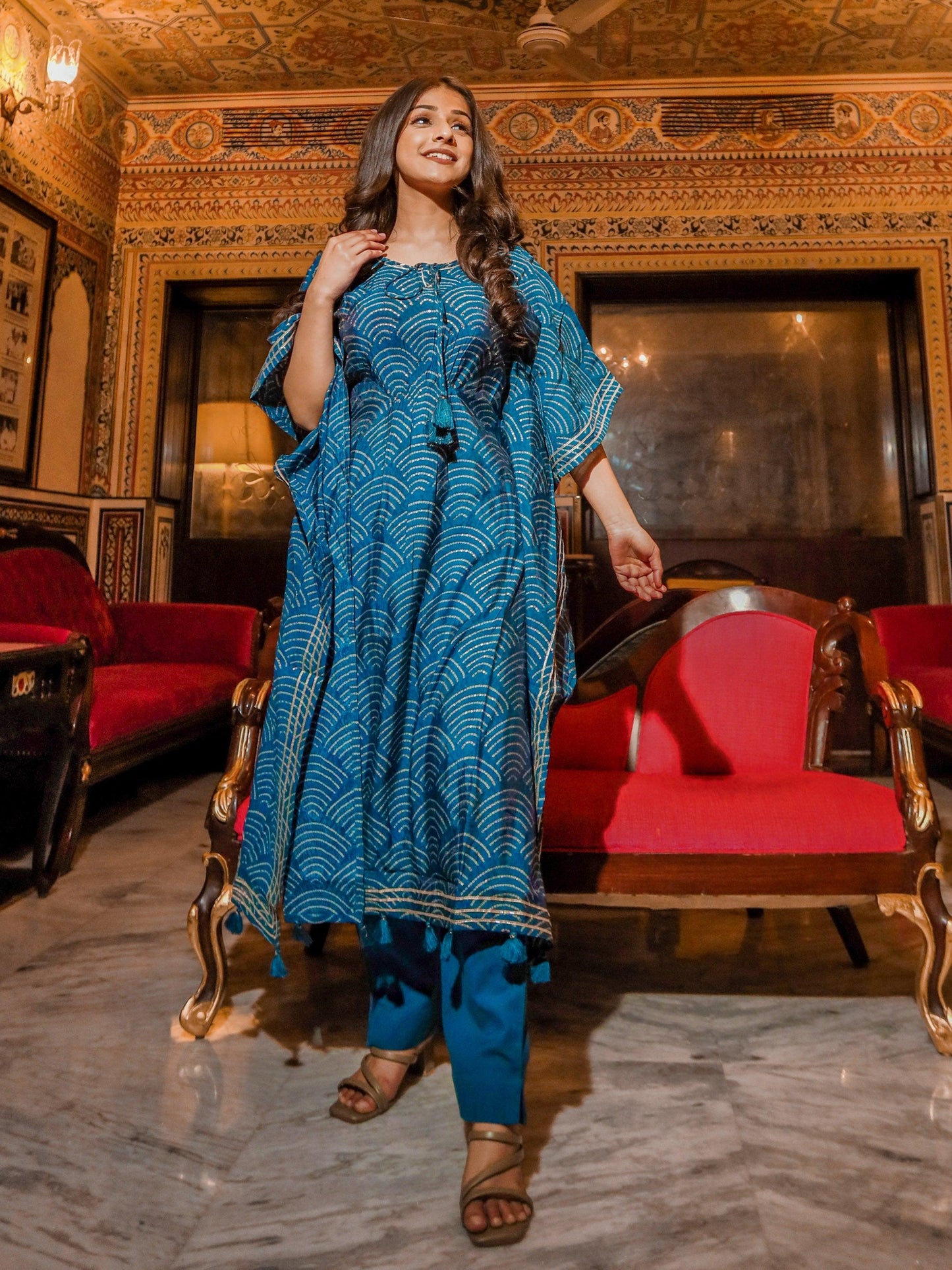 Divena Teal Blue Rayon Bandhej Kaftan Pant Set
