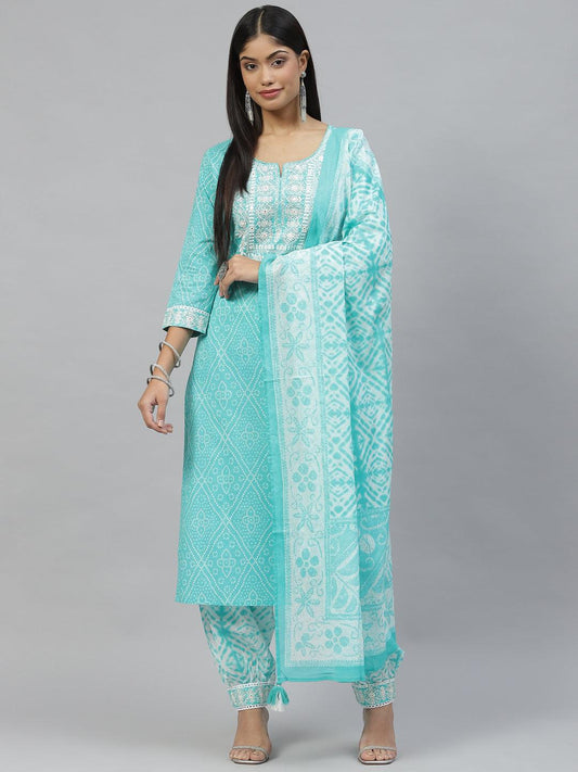 Divena Turquoise Bandhani Printed Kurta Pant Set with Dupatta