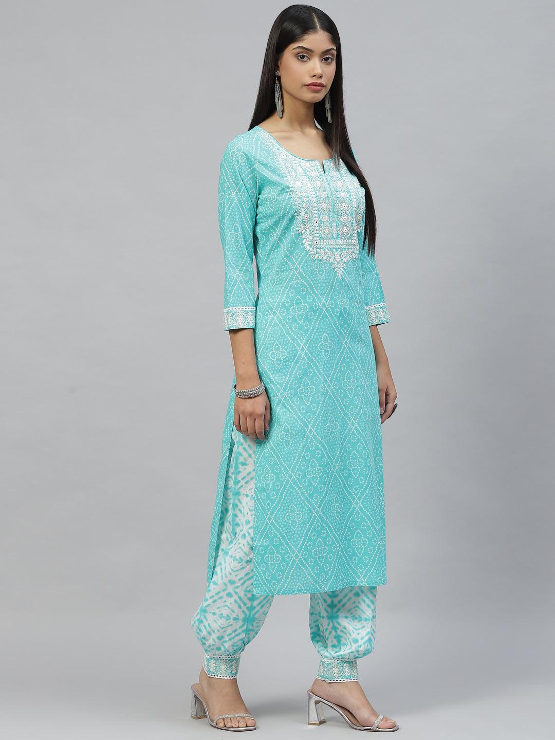 Divena Turquoise Bandhani Printed Kurta Pant Set with Dupatta