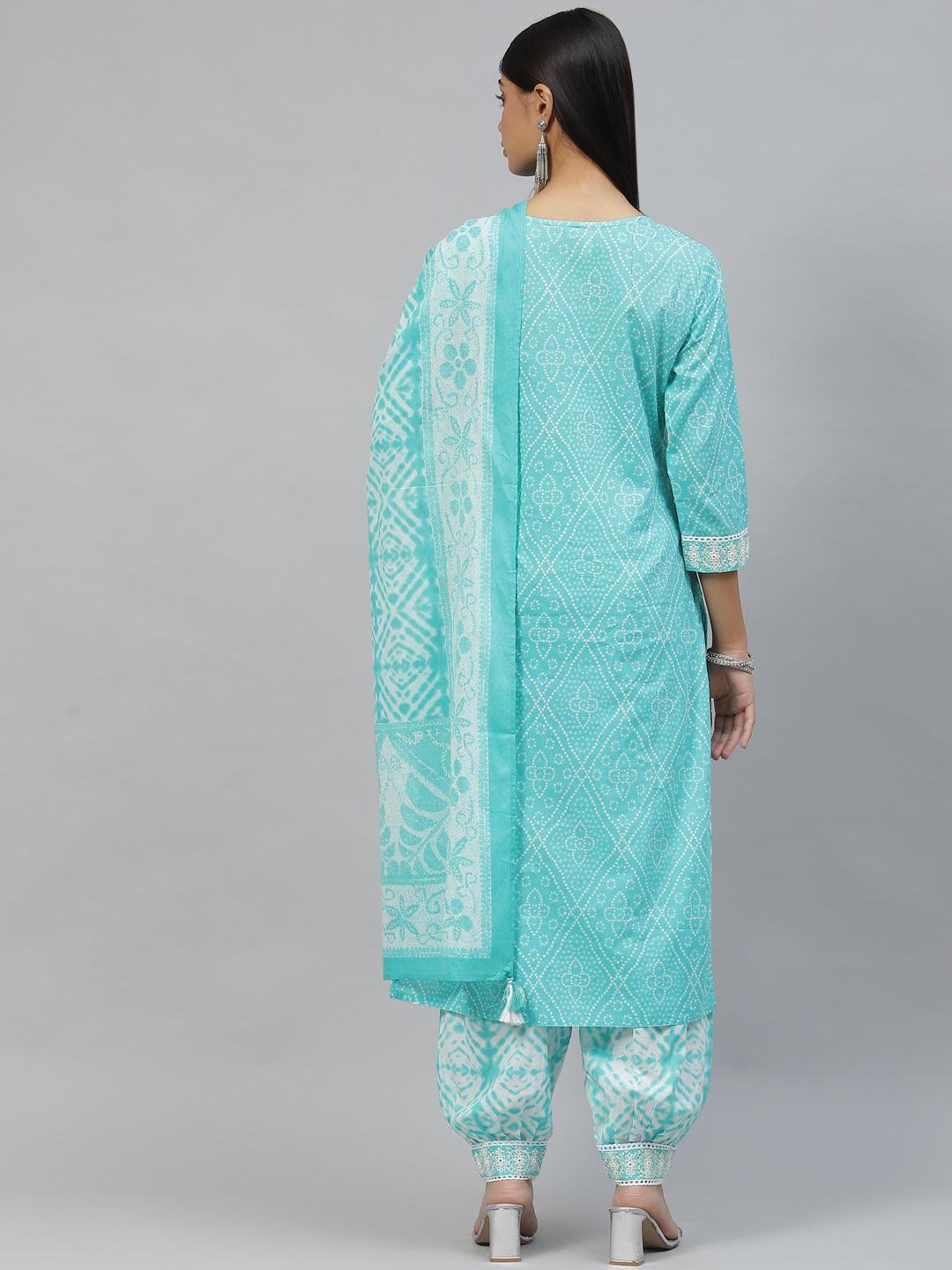 Divena Turquoise Bandhani Printed Kurta Pant Set with Dupatta