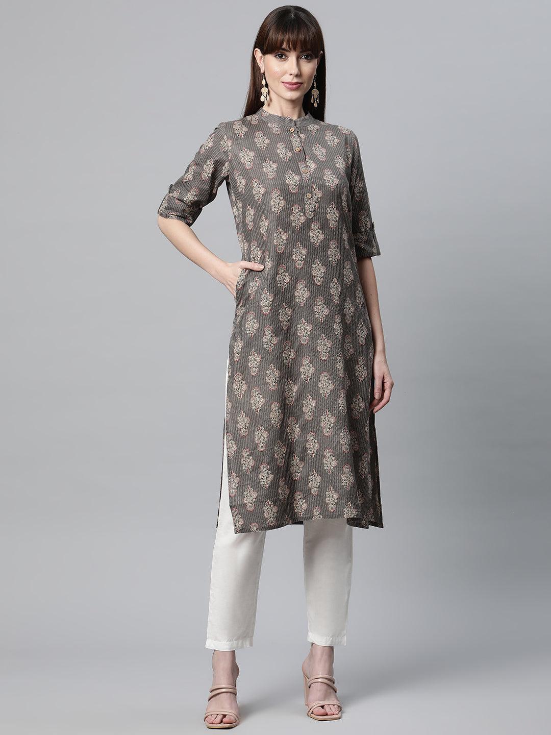 Divena Light Gray and Maroon Cotton Straight Kurta