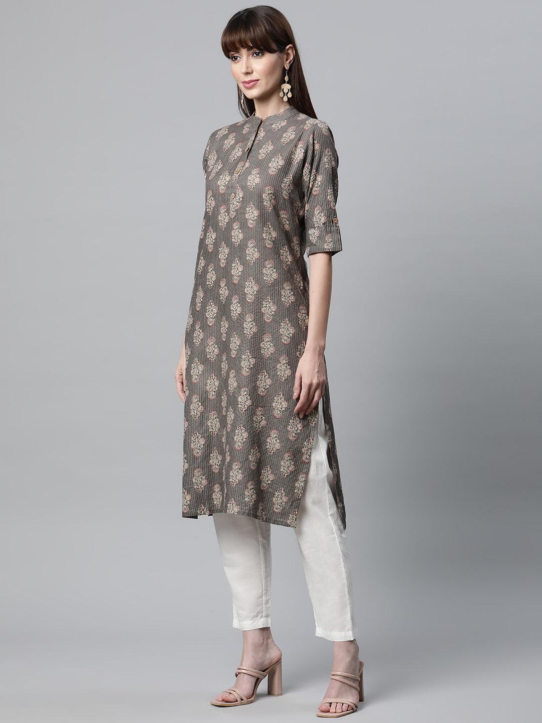 Divena Light Gray and Maroon Cotton Straight Kurta