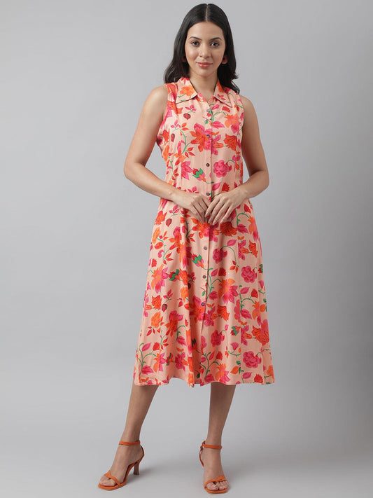 Divena Rayon Peach A-Line Floral Printed Midi Dress