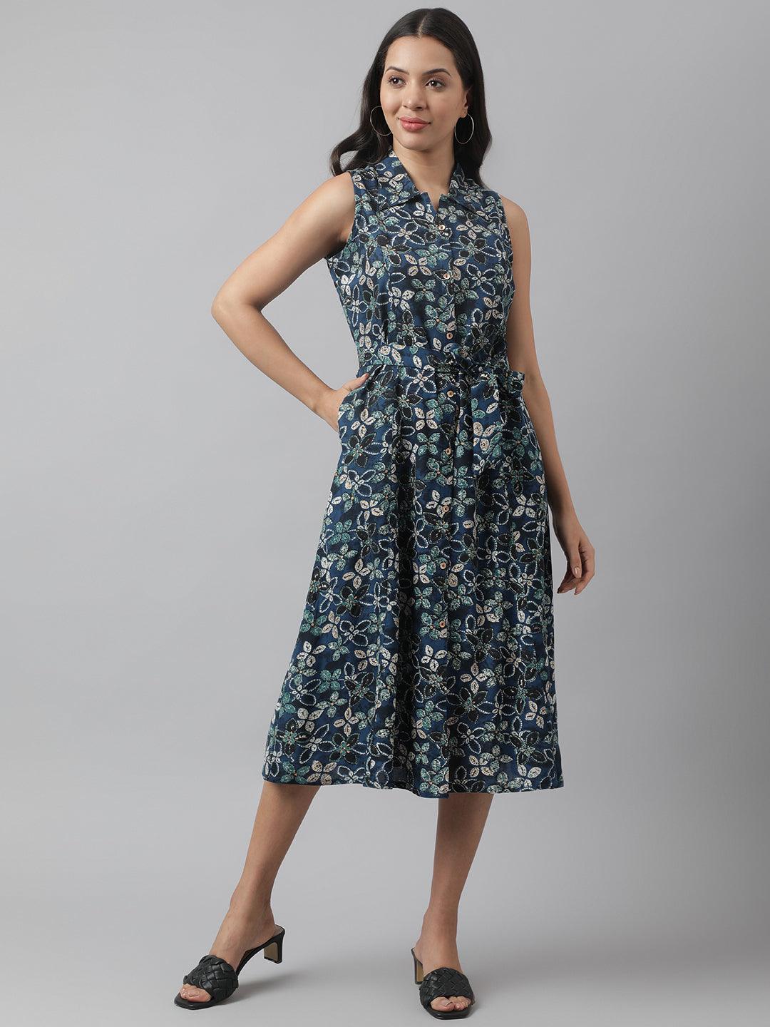 Rayon Navy Blue A-Line Floral Printed Party Wear Midi Dress