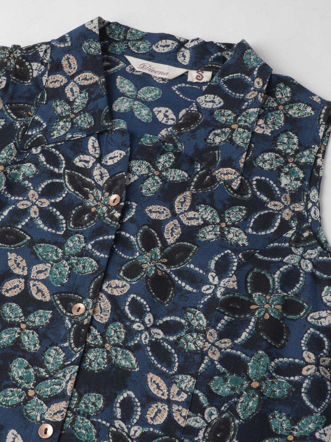 Rayon Navy Blue A-Line Floral Printed Party Wear Midi Dress